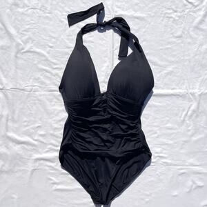 Lauren Ralph Lauren One Piece Swimsuit Womens 14 Black Halter Ruched Slimming